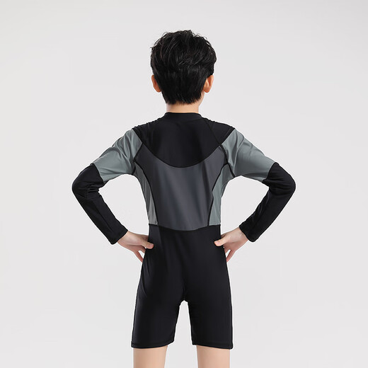 Yosoci parent-child one-piece swimsuit boys wetsuit surf suit plus size father and son medium-sized children long-sleeved conservative hot spring plus size black (KYL2303 children) 2XL