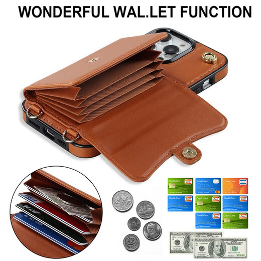 Jinhao anwendbar für iPhone16pro Max Mobiltelefon Hülle Wallet Lederhülle Apple 15 Vollbedeckung 14 Anti-Fall 13 Schutzhülle 12 Armband High-End-Modearmband + Schultergurt + Organkartenbeutel braun 6,7-Zoll-Apfel 14 Plus