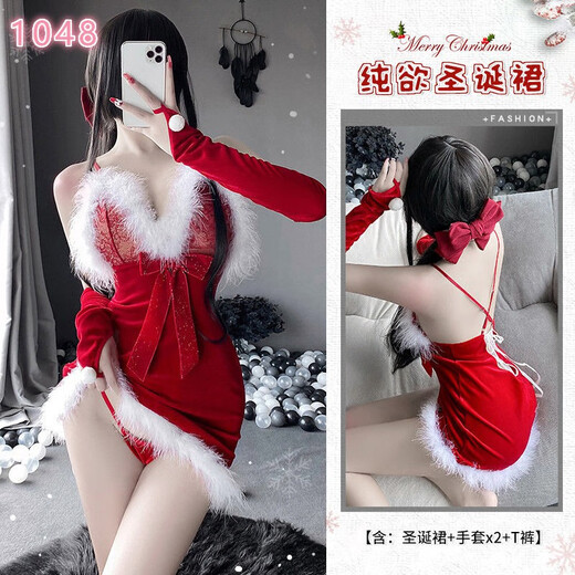 曼烟性感圣诞节制服诱惑床上免脱纯欲冬季激情睡衣套装女 1049圣诞裙+蝴蝶结长筒袜