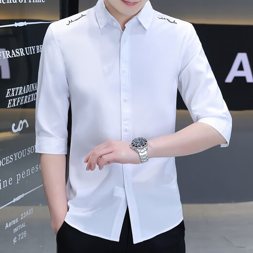 YIBAOLANG stretch ice silk men's three-quarter sleeve shirt, mid-sleeve shirt, embroidered anti-wrinkle, no ironing, summer thin section, slim fit Korean version 686 black XL (120-135Jin Jin equals 0.5kg)