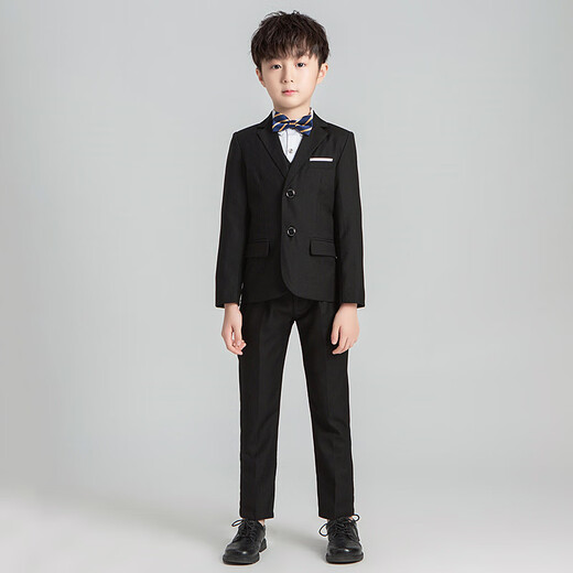 丰灵鸟儿童西装男童西服小西装学生纯色韩版花童主持礼服套装 黑色马甲3件套 130 cm，建议体重43-50斤