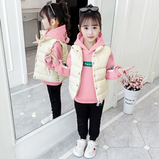 Nojia Weiqi Children's Clothing Girls Suit Autumn and Winter New Children's Velvet Thickened Sweater Pants Medium and Large Children's Clothes Girls Three-piece Set Yellow 150 Size Recommended Height Around 140CM