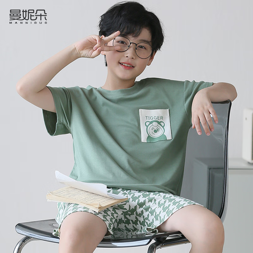 曼妮朵男童睡衣夏季新款短袖男孩纯棉儿童大童全棉薄款青少年家居服套装 N6621【双短】 160 M码建议155-160cm