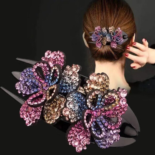 He Niang's new three-tooth hairpin hairpin, Korean style elegant temperament hairpin, mother's duckbill clip, back of head grabber clip, top clip, hollow peony flower duckbill clip, champagne ink orchid