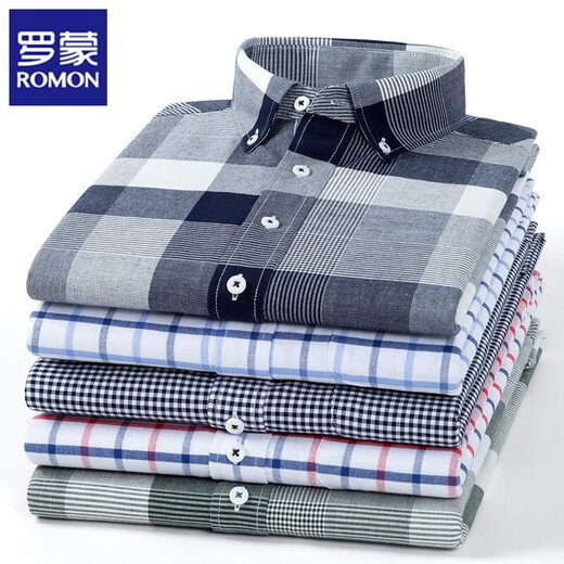 ROMON long-sleeved shirt men's pure cotton plaid Oxford spinning spring and autumn new anti-wrinkle business casual large size cotton shirt 2636-12 Blue grid 40 140 Jin Jin equals 0.5 kg -150 Jin Jin equals 0.5 kg