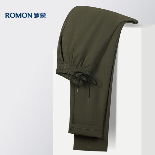 
ROMON casual pants men's summer loose sports straight pants ice silk elastic nine-point pants men's clothing 718 military green 3XL