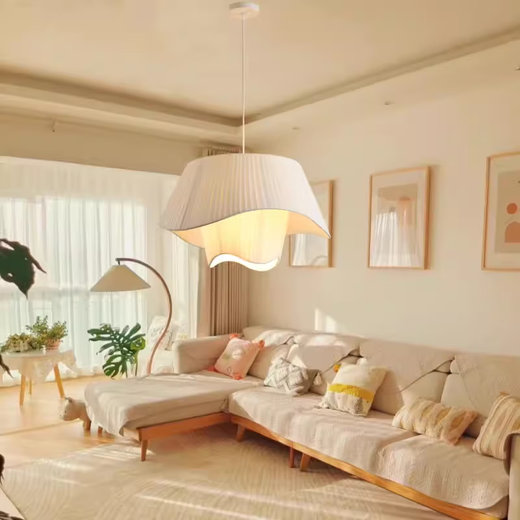 Yilin Nordic modern simple linen fabric chandelier dining room bedroom study living room single head Internet celebrity creative factory lamp diameter 30CM light apricot color