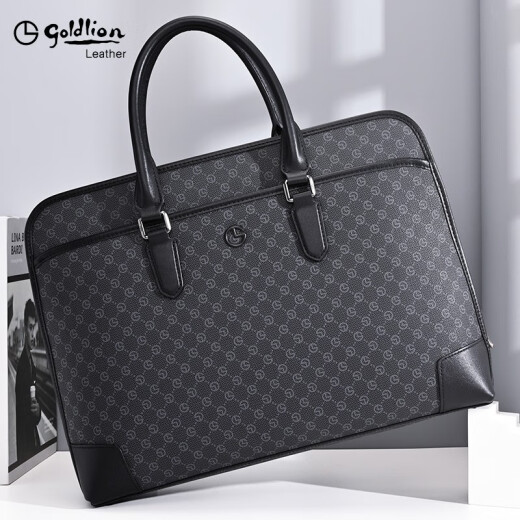 Goldlion Briefcase Men's Handbag Business Bag Commuting 2024 New Printed PVC with Genuine Leather Large Capacity Computer Bag Black PVC with Cowhide Fashion Print [Officially Authorized] 15.6 inches