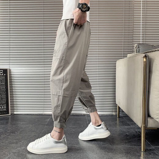 
JIAYE (JIAYE) Cropped Pants for men's summer thin loose trend 8-point pants casual versatile ice silk harem cool pants student L01 black thin style larger S