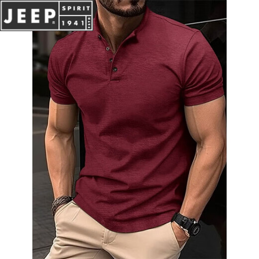 JEEP SPIRIT men's short-sleeved T-shirt simple slim cotton solid color trendy green Henry collar summer T-shirt casual men's clothing black 4 buttons XL