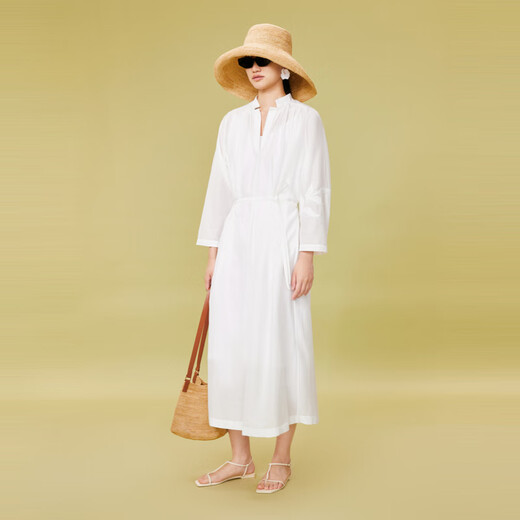 LESS summer solid color design sense flat embroidered long-sleeved dress simple white V-neck temperament dress 2O6G21760 100 white S