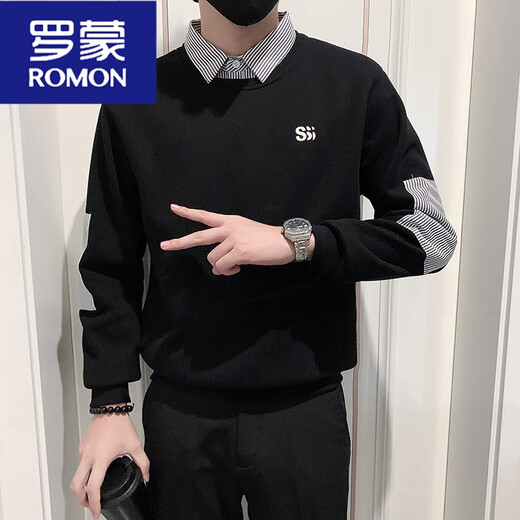 ROMON fake two-piece sweatshirt for men's spring and autumn style 2024 new autumn splicing top men's casual long-sleeved T-shirt white WY1392 M [recommended 115Jin [Jin equals 0.5 kg]]