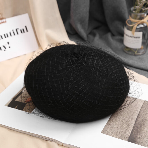 Tuzun hat for women in autumn and winter wool lace mesh beret British retro painter hat Korean Japanese beret fashion black suggested head circumference (56-58cm)