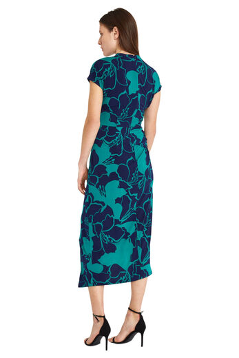 Donna Morgan Women's mid-length asymmetric hem short-sleeved dress V-neck pleated design Navy/Virdis 10