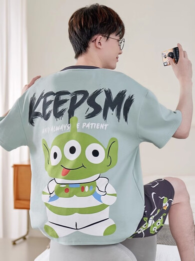 猫人（MiiOW）睡衣男款夏季纯棉短袖薄款卡通青少年初中学生男孩大童家居服套装 短-Z1568三眼怪[优质面料] XL 小(高165-17080-110斤)