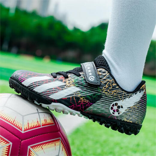 
He Yangyu 2024 New Mandarin Duck Children's Football Shoes Boys Primary School Velcro TF Broken Nails Football Training Shoes Girls 6199 Black and Blue Broken Nails [Buy one + five] 32