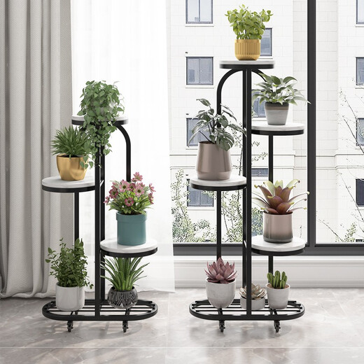 Eisen Phoenix Eisenkunst Blumenregal im Innenraum Wohnzimmer mehrschichtige Marmorblumenkupplungsbalkon aus Einfacher bodenhöflicher Haushaltsablagerung Rack N (4-Schicht) Blumenregal Weiß Marmor + Gold Rack (mit Rädern)