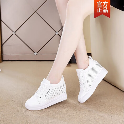 CARTELO genuine leather inner height increasing women's shoes 2023 new spring and autumn leather shoes Korean version versatile wedge travel leisure sports white shoes white single shoes 34