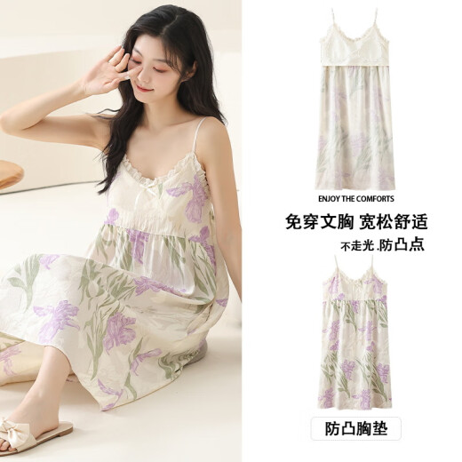 Modal Cloud Cotton Suspender Nachthemd für Frauen mit Brustpolster sexy reine und sexy Pyjamas für Frauen Sommer gestreift gedruckt zu Hause Kleidung QM6627 L