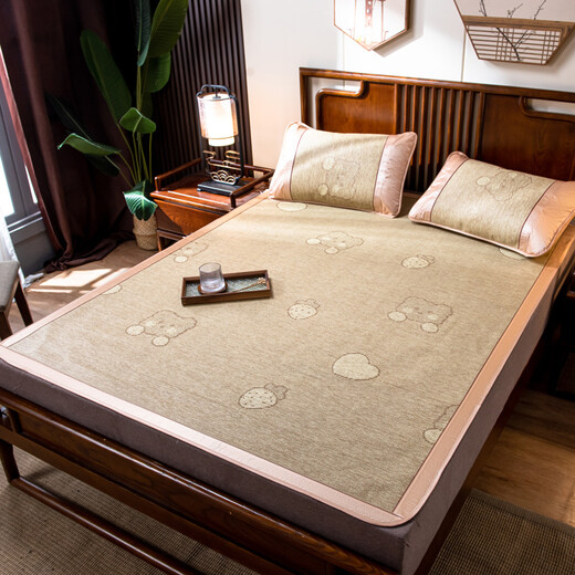 Arctic velvet home textile, encrypted imitation rattan mat, summer cool mat, foldable air-conditioned mat, student dormitory single mat, summer household straw mat, double mat, strawberry bear-cool rattan mat 150*195cm (cool mat + 2 pillowcase)