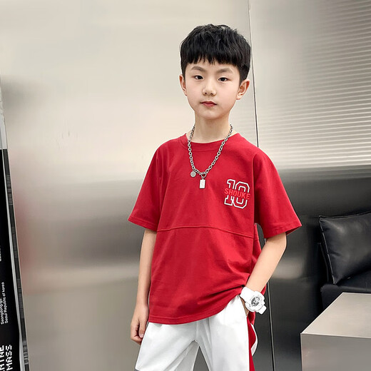McTicco Boys kurzärmelige Kinder Sommer-T-Shirt Pure Cotton Flush Hälfte Ärmeln 2024 Neue Big Children's Street Casual Top 9751 Rot + 9732 Streifen 130 cm