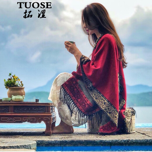 拓涩（TUOSE）羊绒围巾秋冬季新款民族风女士围巾加厚两用披肩外搭红色古风斗篷 腰果花黑色