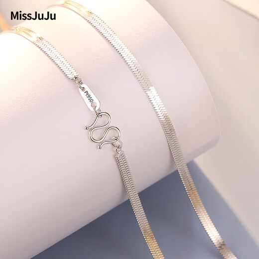 Miss JuJu pt950 platinum necklace platinum men's plain chain fashion wide flat blade chain shiny snakeskin snake bone chain for women weight 7.7-7.9g length 48cm width 2.0mmM buckle
