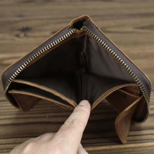 Woodpecker (TUCANO) marque tendance fait à la main en cuir véritable fermeture éclair court portefeuille porte-monnaie Crazy Horse peau de vache hommes rétro première couche cuir de vachette multifonctionnel marron foncé (style horizontal)