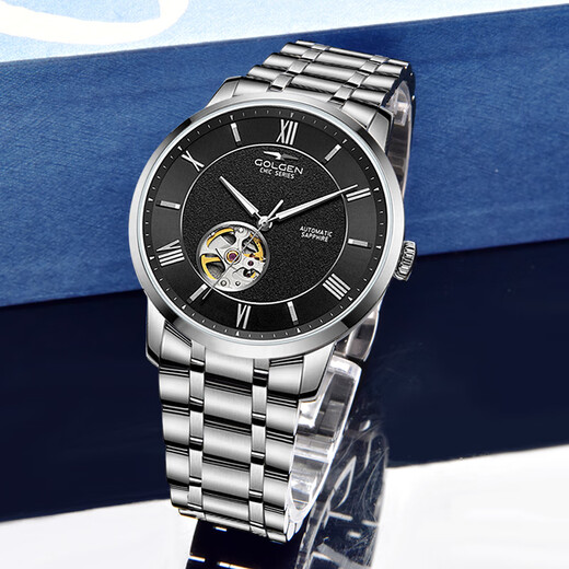 Geschenkempfehlung: GOLGEN Uhr Herren vollautomatische mechanische Uhr trendige hohle römische Skala wasserdichtes Stahlband Modeuhr Marke 6187 Stahlband blaue Platte Herrenuhr GN.6187M.BU