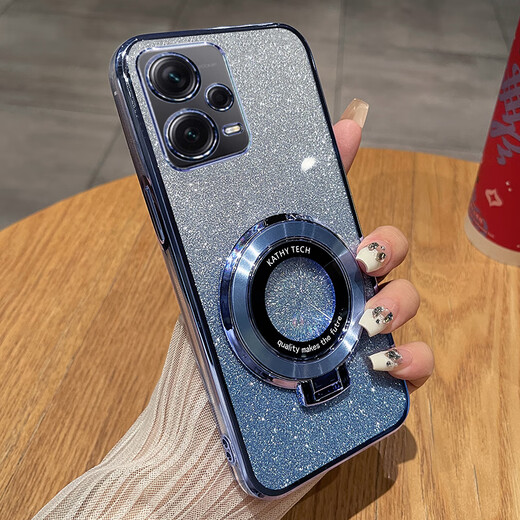 Wonderful choice Redmi note12 mobile phone case Xiaomi noto12pro ten protection 5G silicone case all-inclusive anti-fall por transparent soft case note14pro new redminote13 men and women glitter powder-Yuanfeng blue transparent electroplating free full screen steel film + bracket Redmi Note 12 Pro