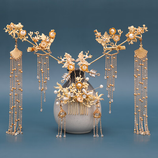 Hanfu headdress, fringed hairpins, full set of classical hairpins, affordable Ming Dynasty costume accessories, ancient style hair accessories, hair crown, flower print, three-piece set