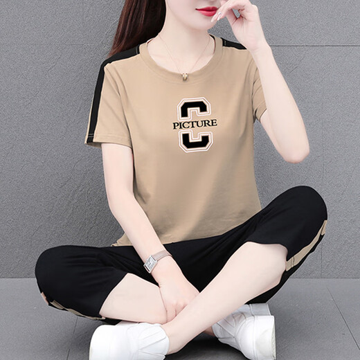 NY-EMMA运动套装女短袖夏季高档洋气减龄棉质休闲时尚广场舞服跑步两件套 687宝蓝（七分裤套装） 3XL(建议140-155斤)