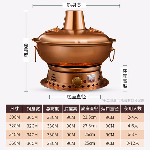 CHUILAOYE pure copper hot pot carbon and electric dual-purpose copper electric hot pot old-fashioned Beijing shabu-shabu charcoal mandarin duck pot split copper pot hot pot 36CM red copper split mandarin duck pot 8-10 people