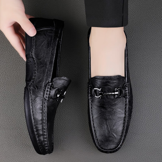 CLOHOO Doudou zapatos para hombres primavera y otoño de cuero de cuero genuino zapatos de cuero casual de cuero suave y transpirable anti-slip versátil pedal de una pieza negro 42 [tamaño de zapato de cuero]