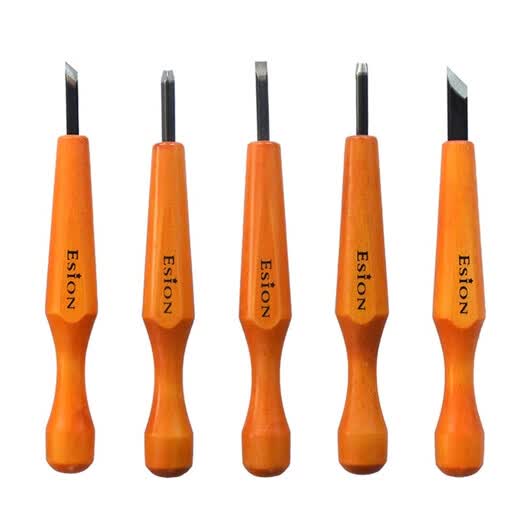 Esion Art Cuchillo para tallar madera, sello de goma, calabaza de nogal, grabado, cuchillo para tallar de acero al carbono, cuchillo esquinero, cuchillo plano, cuchillo redondo, cuchillo oblicuo, sello de goma para tallar, cuchillo para tallar en madera, juego de talla de ladrillos de goma, 5 juegos, piedra de afilar gratis