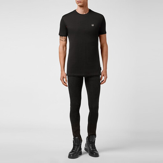 菲利普普兰（PHILIPP PLEIN）男装 男士棉质金属LOGO徽标短袖T恤衫 MTK4855 PJY002N 黑色 3XL
