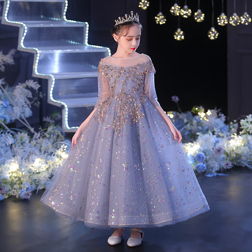 Little Kayi thick children's dress princess skirt host high-end girls piano performance clothes long sleeve flower children wedding little girl autumn 1591 gray and blue long sleeves 130
