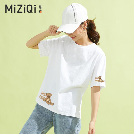 Miziqi short-sleeved T-shirt for women cool 2025 new summer half-sleeved T-shirt loose version pure cotton ins trendy bear lazy style dark blue letter 9905 left chest small rice white S 80-100Jin [Jin equals 0.5 kg]