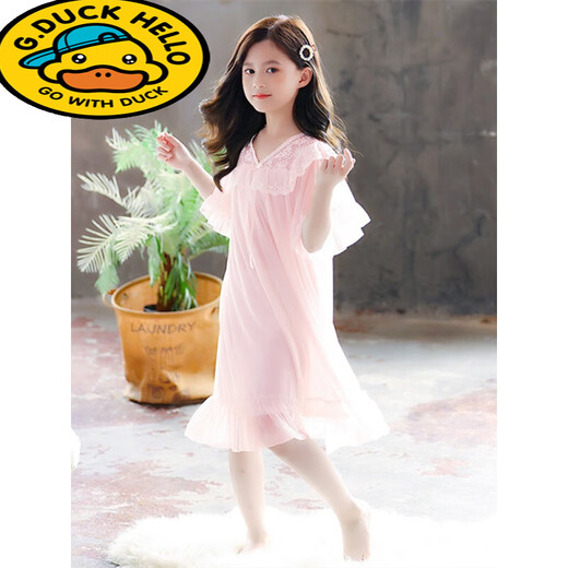 G.Duckkids Little Yellow Duck Girl Pyjamas Sommer Kinder dünne kurzärmelige Spitzenmodal Nachthemd Little Girl Palace Style Eltern-Kind JY1477 Pink Longärmed 140