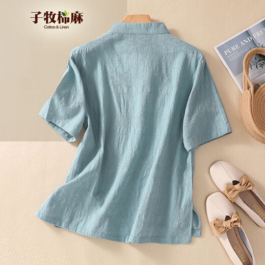 Zimu cotton and linen summer clothing for women, Chinese style retro stand collar slanted collar and all-matched short-sleeved embroidered Chinese Zen tea shirt 6173 Blue XL (recommended 120-130Jin [Jin equals 0.5 kg])
