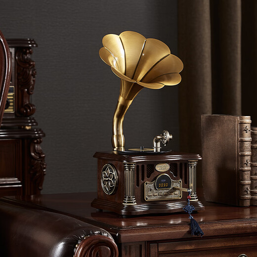 Otieno Antique Vinyl Phonograph Decoration Mini Charging Bluetooth Speaker Retro Birthday Gift Home Ornament Brown Plug-in Rechargeable Free Music USB Disk