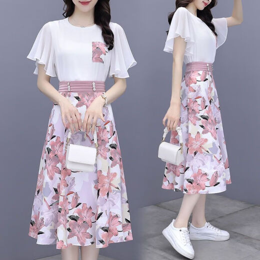 
YOEKBIRD French sweet chiffon dress for women in summer 2025 new temperament waist-hugging floral skirt two-piece set 9767# pink original spot set S