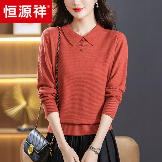 Hengyuanxiang 100 Pure Wool Sweater Women's New 2025 Autumn and Winter Loose Western Style Bottoming Sweater Lapel Knitted Top Orange Red L