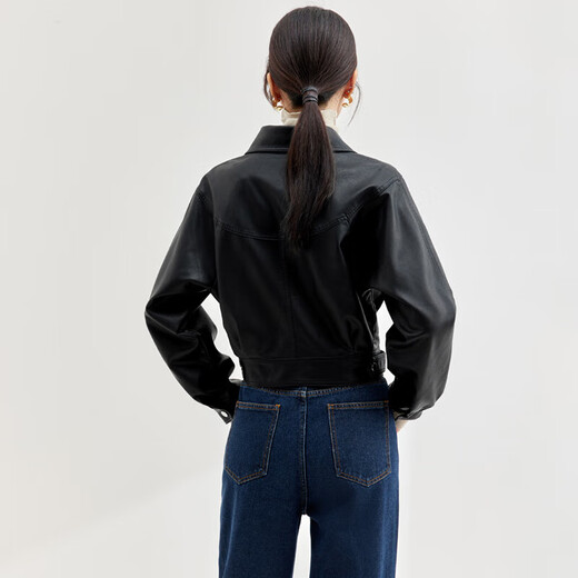 尚都比拉经典百搭翻领PU皮衣秋冬小个子短外套女夹克 黑色 M 