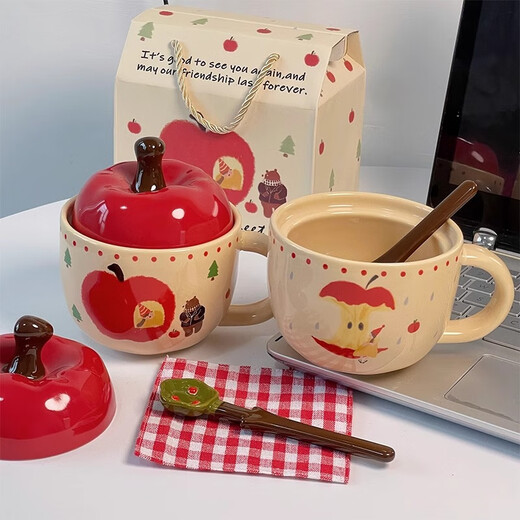 Mengfu (mengfu) Christmas mug for women with lid, apple ceramic mug, Christmas gift for girl, girlfriend, birthday couple mug, apple bear mug, spoon, gift box