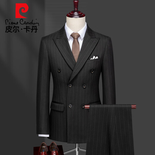 Pierre Cardin high-end double-breasted suit suit for men, British style gentleman, wedding groomsmen striped suit, formal business banquet, black suit + trousers, size 2XL