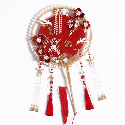 Jinban Round Fan DIY MARDAGE Fabriqué à la main Gift Gift Gift Gift pour les jeunes mariés Happy Fan Double face chinois Xiuhe Fan [Champagne Round Fan] Sac de matériau + Boîte de ventilateur + Boîte-cadeau Pack