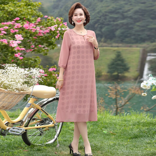 称美 中老年女装春夏季连衣裙50-60中年妈妈装中长款大码宽松雪纺裙子 677 墨绿色 4X 适合125-140斤