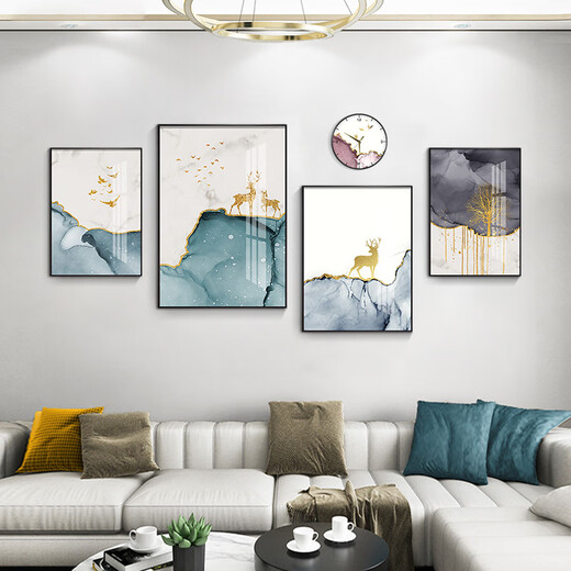Mohu living room decoration painting sofa background wall new style mural modern simple TV background atmospheric abstract four-pair hanging painting Abstract art 15930 (including wall clock) Art crystal porcelain group-thin style gold frame