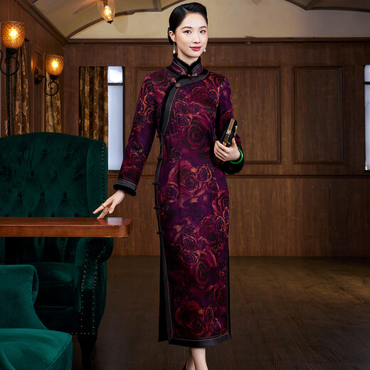 Xiyue Chinese style Wu Ling silk mulberry silk quilted warm long cheongsam dress 2025 winter new year picture color L (weight 105~115)